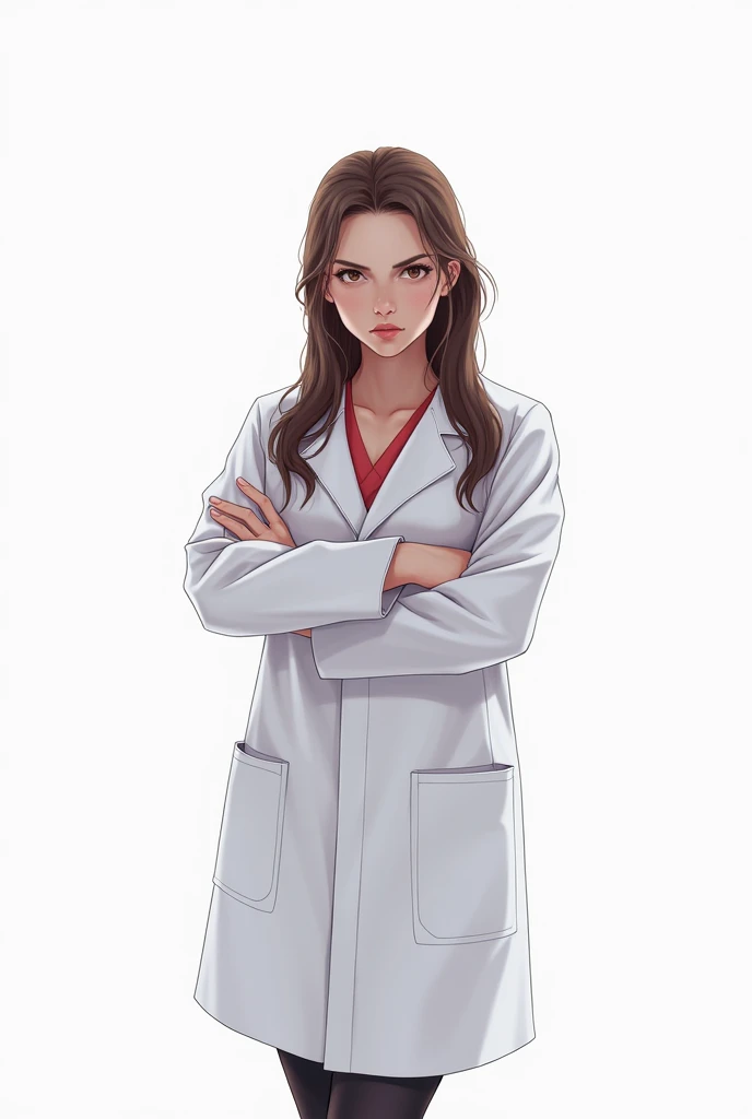 Woman in white coat, crossed arms, baldie, white background
