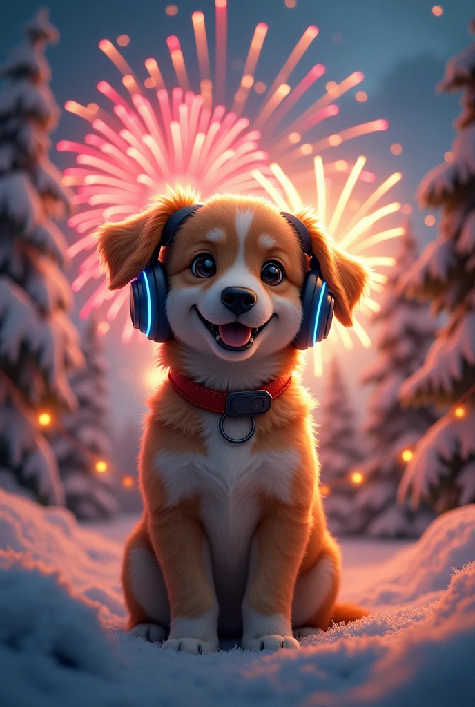 Now create an image that the dog has special headphones that protect him from the river of Christmas and New Year fireworks and that he is already happy.