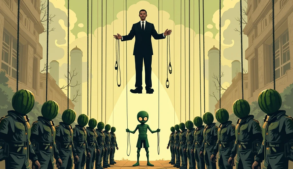"Create an image that represents a puppet-shaped chain of control. From the top of the image, an invisible system, represented by threads or strings, controls the Supreme Federal Court (STF) like puppets. down, o STF controla o presidente squidward, also like a puppet, holding threads that manipulate it. squidward, A sua volta, controls the Brazilian army, which is made up of soldiers with watermelon heads, like puppets. The scenario should have a satirical and critical tone, highlighting the idea of multi-layered manipulation."