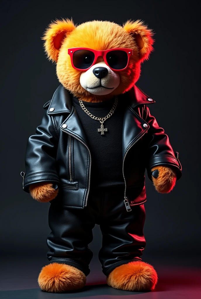 :
a highly detailed and stylish teddy bear wearing a black leather jacket and red glasses, standing against a dark background. the bear has a cool and edgy appearance, with splashes of vibrant colors on its fur and clothes, but the overall color palette is limited to a few key colors for a sleek look. emphasize the bear's expressive