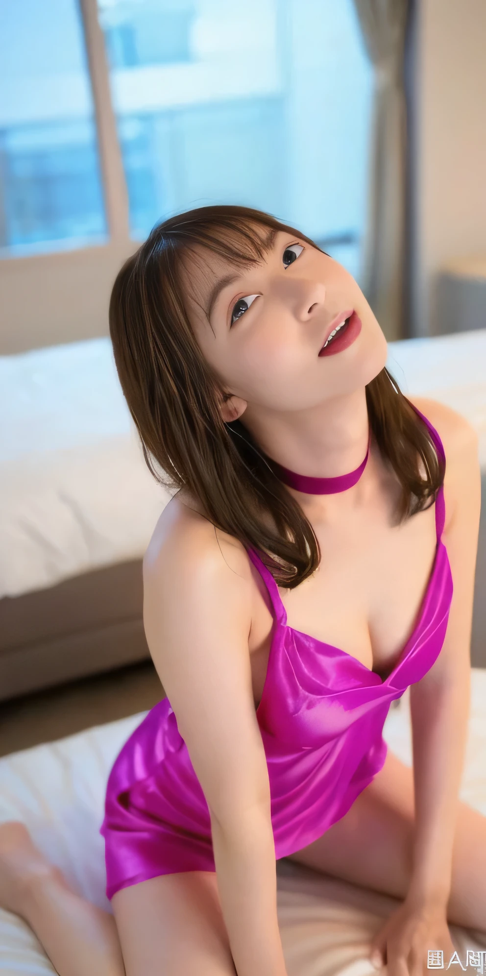 (8k, Original photo, Highest quality, masterpiece:1.2,),((((((truthistic, photo truthistic:1.3)))))),(((Detailed Background:1.2))),(((With a slightly open mouth:1.3))),Ultra-high resolution, (8k, Original photo, Highest quality, masterpiece),(truthistic, photo truthistic),Ultra-high resolution,Highly detailed CG synthesis 8k wallpaper,(truth_skin, oily skin),Perfect Anatomy, bangs,Beautiful brown hair,Shiny medium length straight hair,Night Time,(thigh),Full Body Shot,choker,(Hollow Eyes:1.2),Thin eyebrows,Beautiful Face,Transparent skin,Erotic,(Big Breasts:1.3),Small Nose,Sex slave,Expressionless like a doll,(Love Hotel at Night:1.8,Luxurious Room,Pink lighting illuminates the room,Love bed,On the bed) ,(A love hotel with a night view from the window:1.4),Showing cleavage, Sexy pose,Slim figure,(Cinema Lighting),(((Sexy magenta silk mini dress:1.3))),((Expressionless,Emotional erasure)),(Kayako Abe:1.4),Hands tied behind your back, Lying down, Wide-open legs, Elevate your legs, Underbust, Kneel, blowjob, Sitting on knees, Spread your thighs, Kneel, (look up:1.4),Frontal view