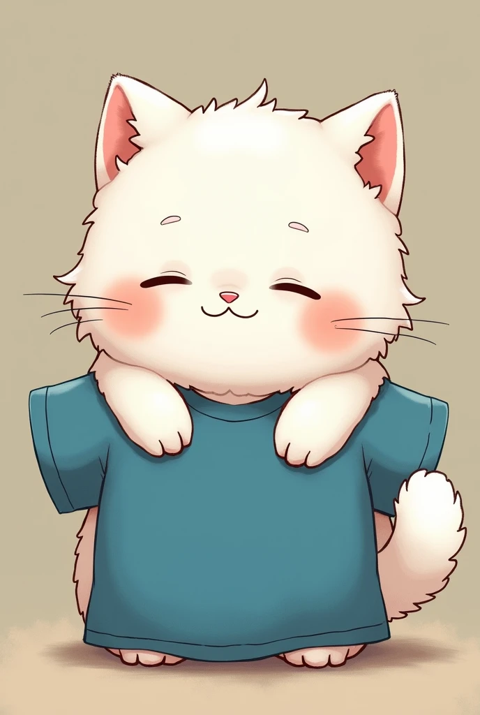 fluffy cat, tender, easy and basic drawing white with a slightly green royal blue shirt for shopping
