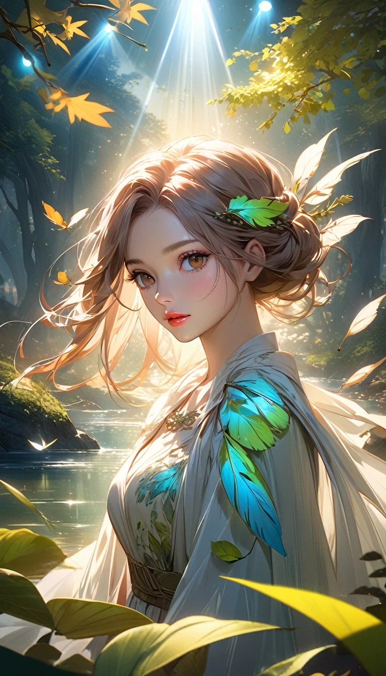 Zelkova landscape, bright canvas, The zelkova leaves are fluttering, Transparent holographic reflection, A surreal landscape made of zelkova leaves, Leaves viewers speechless, A beautiful world, 1 Russian woman, detailed eyes, brown eyes, detailed lips, very detailed face, long eyelashes, Beautiful and detailed portraits, elegant, tranquil expression, summer, high quality, 8k, realistic, surrealist, studio lighting, Physically Based Rendering, vivid colors, movie lights, dramatic lighting, soft lighting, dramatic contrast, clear, ethereal, dreamlike, mysterious, magical, fancy, concept art