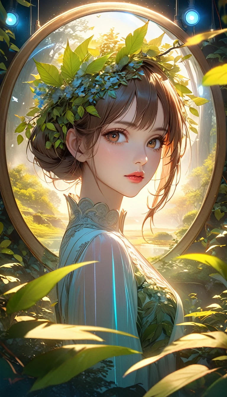 Zelkova landscape, bright canvas, The zelkova leaves are fluttering, Transparent holographic reflection, A surreal landscape made of zelkova leaves, Leaves viewers speechless, A beautiful world, 1 Russian woman, detailed eyes, brown eyes, detailed lips, very detailed face, long eyelashes, Beautiful and detailed portraits, elegant, tranquil expression, summer, high quality, 8k, realistic, surrealist, studio lighting, Physically Based Rendering, vivid colors, movie lights, dramatic lighting, soft lighting, dramatic contrast, clear, ethereal, dreamlike, mysterious, magical, fancy, concept art