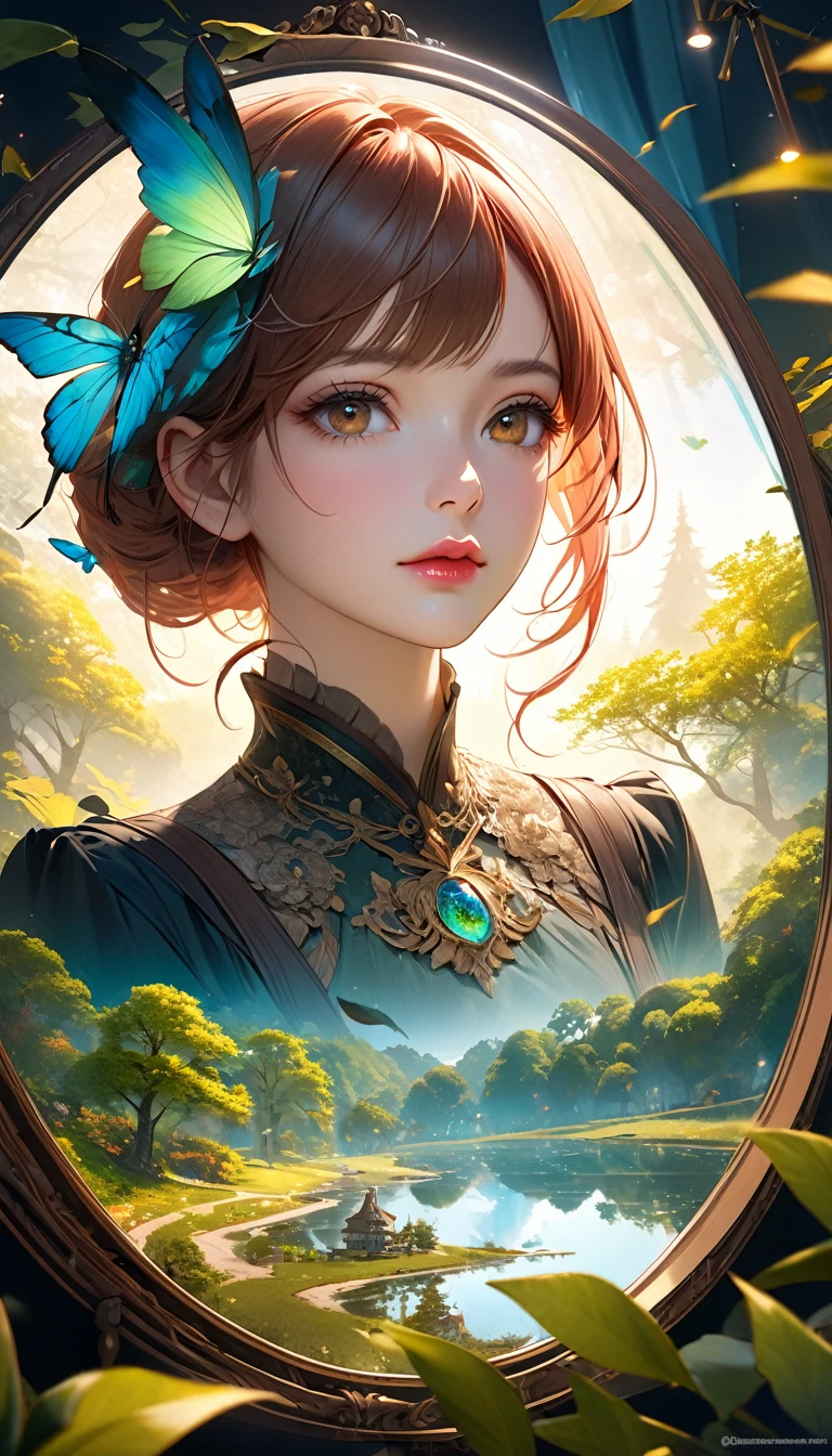 Zelkova landscape, bright canvas, The zelkova leaves are fluttering, Transparent holographic reflection, A surreal landscape made of zelkova leaves, Leaves viewers speechless, A beautiful world, 1 Russian woman, detailed eyes, brown eyes, detailed lips, very detailed face, long eyelashes, Beautiful and detailed portraits, elegant, tranquil expression, summer, high quality, 8k, realistic, surrealist, studio lighting, Physically Based Rendering, vivid colors, movie lights, dramatic lighting, soft lighting, dramatic contrast, clear, ethereal, dreamlike, mysterious, magical, fancy, concept art