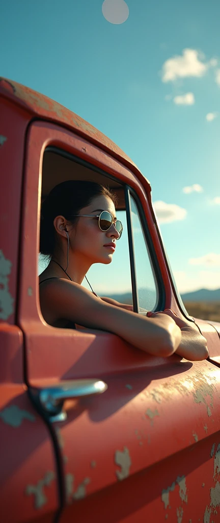 I see an old pickup truck, in the window of the truck there is a beautiful 20 year old woman, she uses wired headphones, she wears mirrored aviator sunglasses, red pickup truck with some peeling paint showing the rusty metal underneath, the woman is looking at the horizon,blue sky with few clouds, lensflare, the image is as real as a mirror, Light streaks, Light rays, lens flares, reflections of circles of light, she looks at the horizon with a beautiful smile