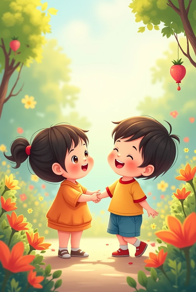 "Create a vibrant and animated image in a Korean-style illustration that captures the essence of love between two people. The scene should feature two adorable young children, holding hands and surrounded by a lively and colorful environment, like a whimsical garden filled with bright flowers and playful elements. The children should be depicted in a cute, expressive manner, engaged in activities that symbolize learning and growth, such as exploring or playing with imaginative toys. Use a soft, cheerful color palette and include elements that convey tenderness, deep affection, and passionate connection."