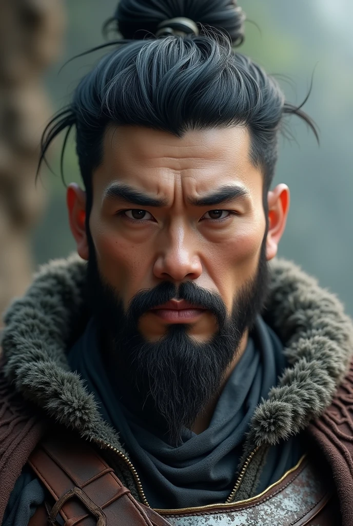 Frontal portrait Hyper focus, warrior, black short hair, very shallow mustache, very shallow beard, realisitic, hiperrealisitics, realisitic, a body in the renatosphere, epic 3D realism, best in wlop, kan liu, daz3d, trends in CGsociety, estilo realisitic hiperdetalhado, completo cosplay, by Ric Nagualero, album, hyung tae kim, 8k, irreal engine 5, film composition, retratos realisitics hiperdetalhados, 3D game art, CG Society, Fantasyart, hd art of season, estética realisitic, cinematic lighting, border light, smooth light, border light de filme, fine glow, ultradetailed, 8k, uso realisitic de luz e cor, cinematic light, rendered in cinema4d 500–1000 AD -- ar 3:4- Niji 6