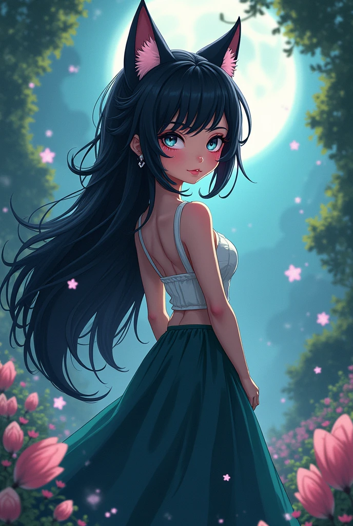 Female cartoon character with fair-pink skin, long black hair, wolf cut, and grey eyes. 