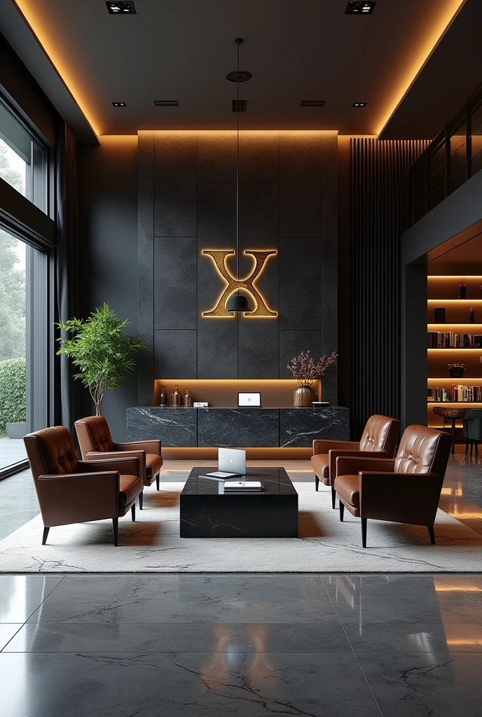 Professional 3d architecture rendering design of modern And high tech for boticque hotel’s Labi with dark slab stone and 4 dark brown leather Chairs and medium flouting dark gray marble station and 2 laptops and coffee table elegant and modern glassy and silver accessories and modern windows and private space for baggage in the Labi and black slab stone middle table and elegant accessories and modern ceiling lighting and beautiful green space and private space for baggage with silver