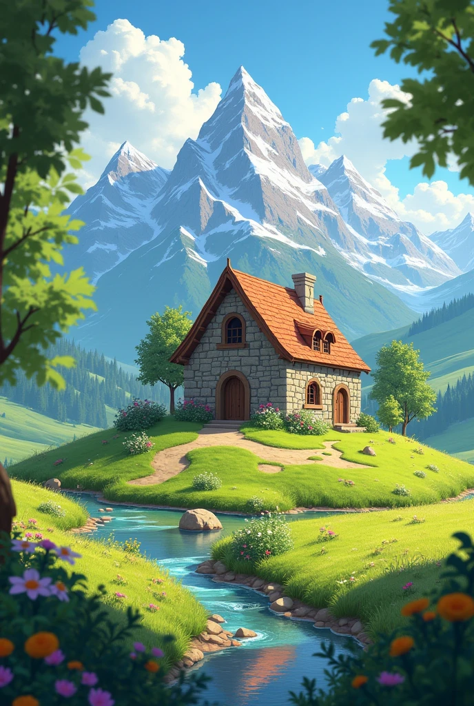 beautiful little stone house on a dune green landscape with flowers and a river with snowy mountains in back and trees nearby