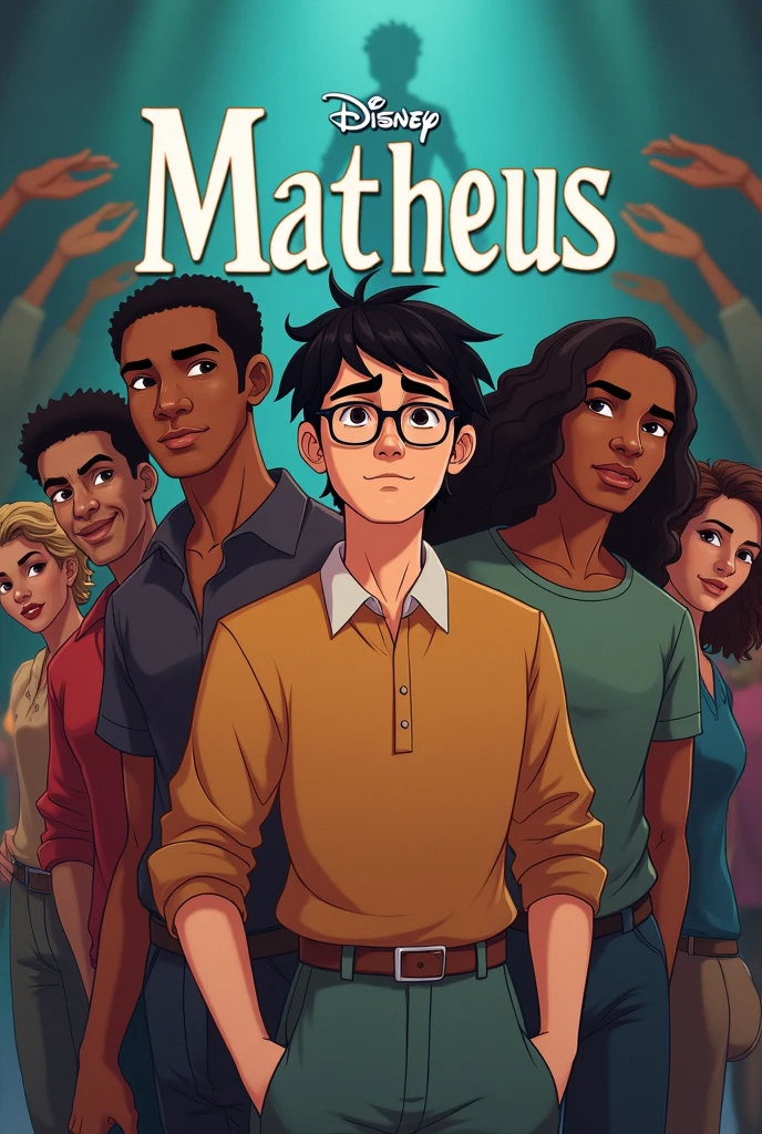 Disney movie poster featuring a white man with glasses and short black hair and several black men behind him, with the name of poster: "Matheus"