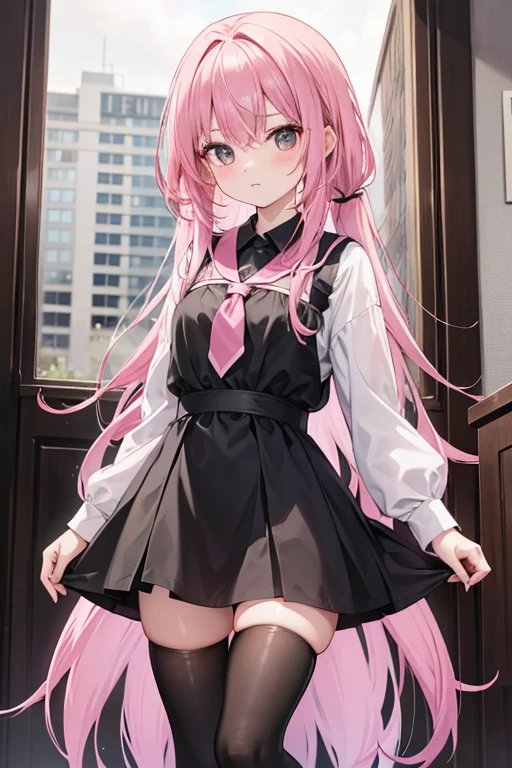 Pink haired female character, wearing a black dress and black tights