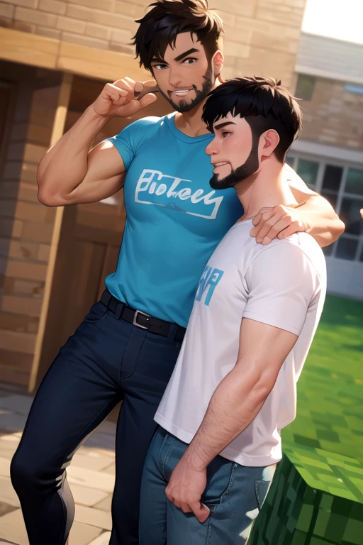 Minecraft Steve having small beard on chin and medium black hairs wearing light blue t shirt and dark blue trousers standing in t pose. He has medium size bodybuilding