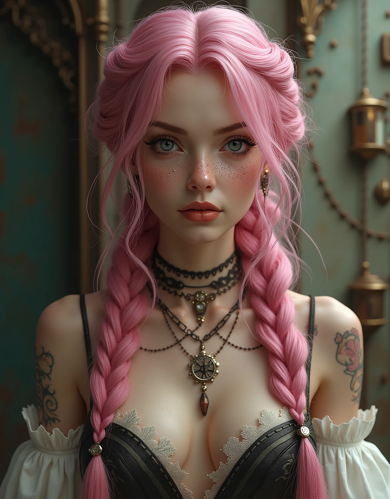 insane (Realisttic:1.2), analog photoreal style, Beautiful young woman, posing, with freckles and long pink hair braided, (steampunk dark fantasy atmosphere), soft natural light, cute and sexy, great quality, Masterpiece, detailed strange background, better performance, 16k quality, RAW photoreal