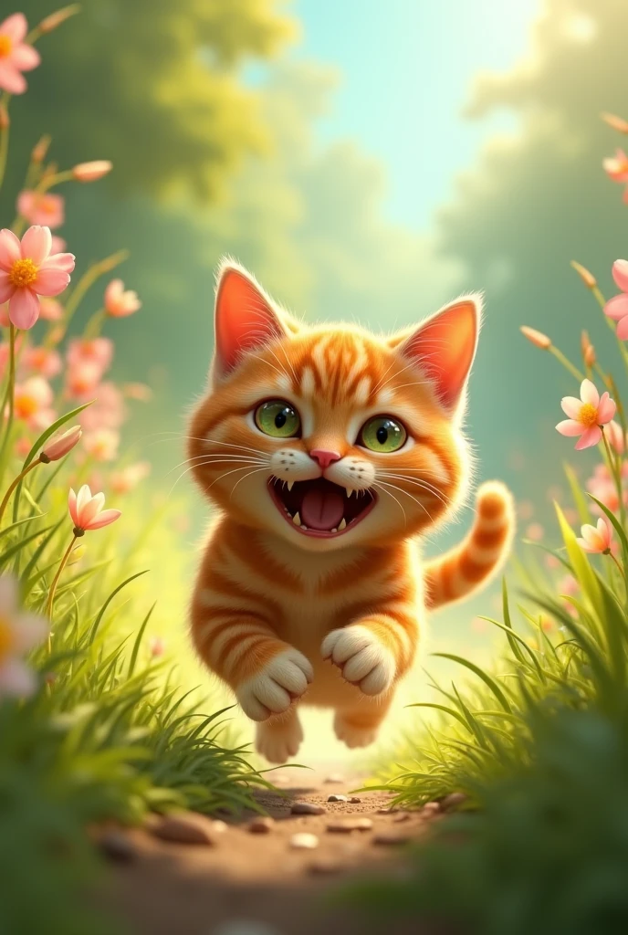 Orange color small cat running and crying while running 