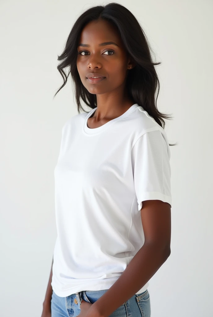 A BLACK Brazilian woman, wearing a WHITE COTTON TSHIRT ROUND NECK WITH HAND ON WAIST WHITE BACKGROUND