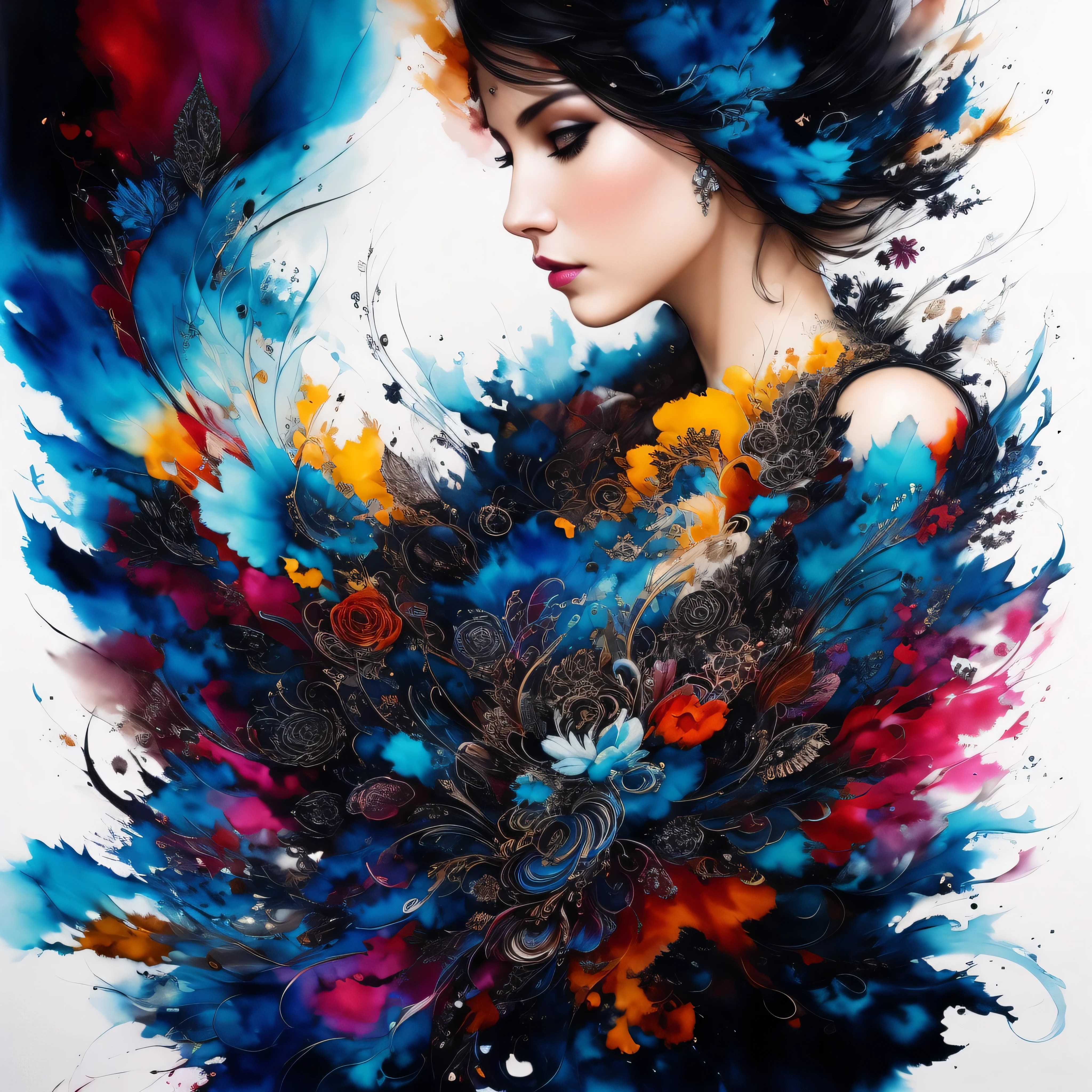 Beautiful colorful woman: Black ink flow: Photorealistic masterpiece with 8k resolution: by Aaron Horkey and Jeremy Mann: Intricately detailed fluid gouache painting: by Juan Bautista Mongue: calligraphy: Acrylic: watercolor art, Professional Photography, natural lighting, Maximalistic volumetric lighting photoillustration.: by marton bobzert: Intricately detailed 8k resolution concept art, complex, elegant, expansive, fantastic