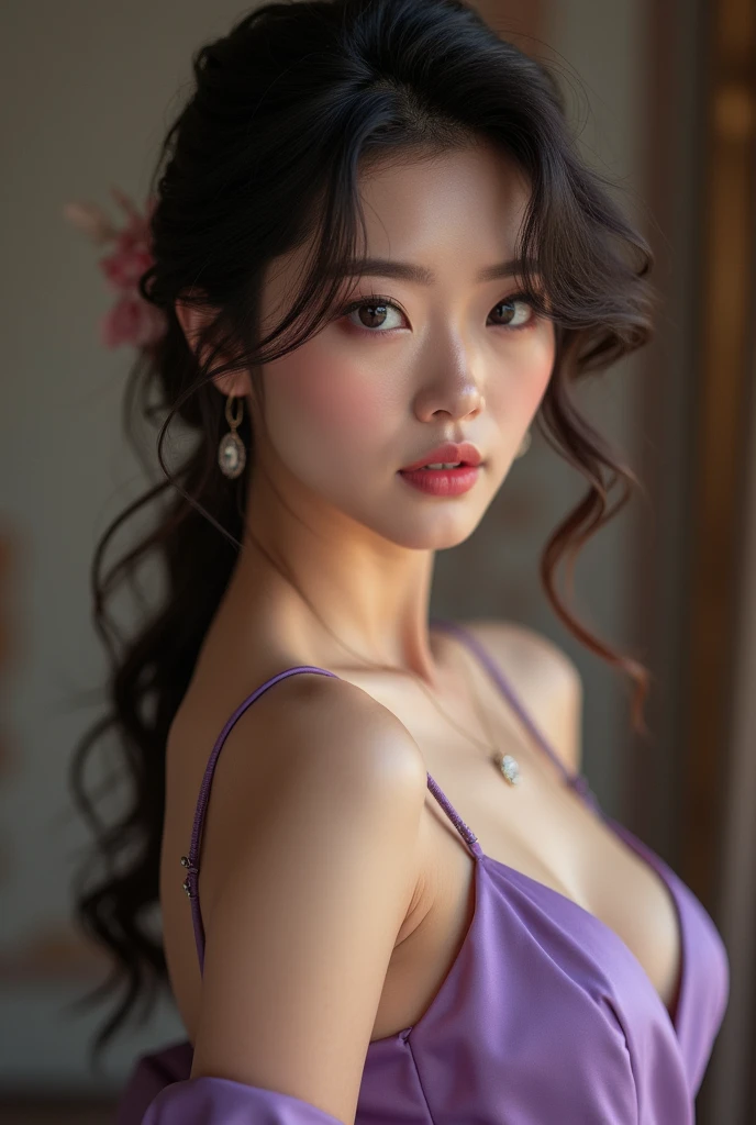 (Masterpiece、Best Quality:1.4)、Pretty woman with big breasts、Cute looking Japanese、Very beautiful eyes、Gravure photoshoot、Pose for the camera、Detailed Face、realistic photo、wearing violet evening dress