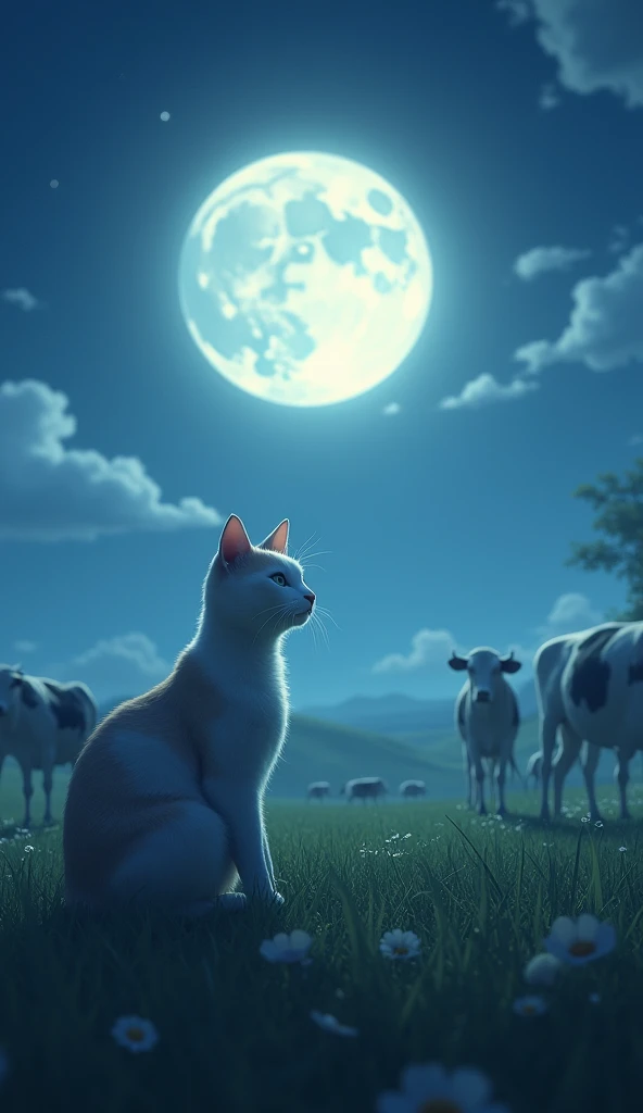 Moonlit Farm: A serene farm with cows grazing under a glowing moon, Luna the cat in the foreground, her eyes locked on the sky.