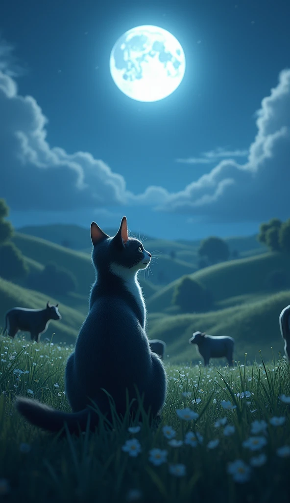 Moonlit Farm: A serene farm with cows grazing under a glowing moon, Luna the cat in the foreground, her eyes locked on the sky.