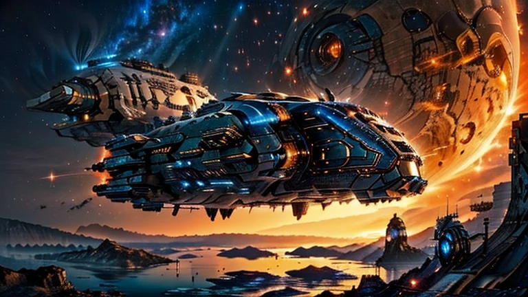 Super spaceship shaped like a ship hovering over a large lake, ultra detalhada, city in the distance, a nebula lighting up the sky, sci-fi, 