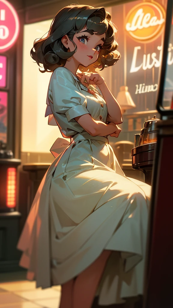 1girl dressed in a 1950s-inspired dress, complete with a full skirt and petticoat, her hair styled in classic pin curls. She should be seated at an old-fashioned diner, surrounded by vintage details like a jukebox, chrome accents, and neon signs. Her eyes should be sparkling with excitement, her skin flawless and glowing under the soft, dramatic lighting. This scene should be captured on 35mm film, with a beautiful depth of field and a slightly blurry, nostalgic background,, filmg,