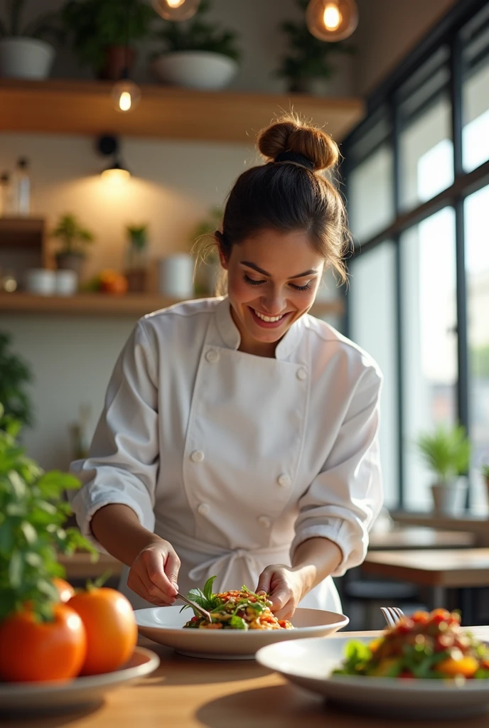 Image of a Brazilian female chef and a restaurant named Sabor & Health in the background 