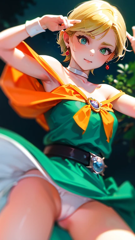 Bianca casting a spell,(Shooting from below),((White panties)),(Storm from below),Thundercloud,DQ Bianca,
Single Blade,((Green Dress)), Earrings, choker, Orange Cape, belt