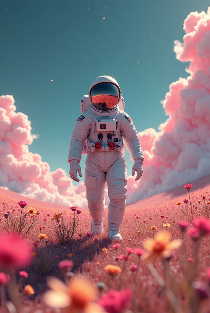 he astronaut walks in the sea of flowers dotted with pink clouds，The astronaut who is alone，The astronaut cannot leave this planet，The astronaut is lost in the boundless space.