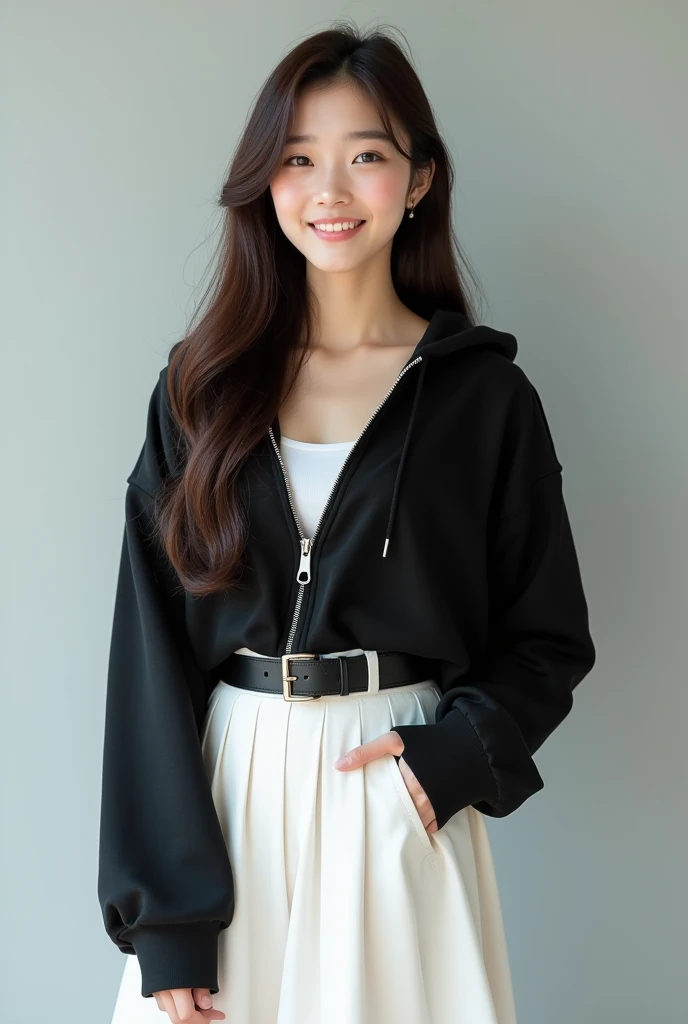 A young Japanese woman with long, straight dark brown hair stands confidently. She is wearing a black zip-up hoodie over a white tank top, paired with a white pleated skirt. The outfit is simple yet stylish, with a black belt featuring a distinct logo on it. The woman has a warm smile on her face, with gentle, natural makeup that enhances her delicate facial features. Her eyes are slightly almond-shaped, and her skin is smooth with a light, natural complexion. She is posed standing upright, with one hand resting on her skirt. The overall setting is minimalist with a soft, light gray background, giving a clean and modern look.
Render the woman with photo-realistic texture, focusing on the smoothness and clarity of her skin and the natural sheen of her dark brown hair. Use soft, natural lighting to create realistic shadows that highlight her facial structure and clothing. The colors should be muted and balanced to evoke a natural, harmonious appearance. Pay special attention to her eyes and facial expression, ensuring they convey a lifelike and emotive presence typical of high-quality portrait photography.