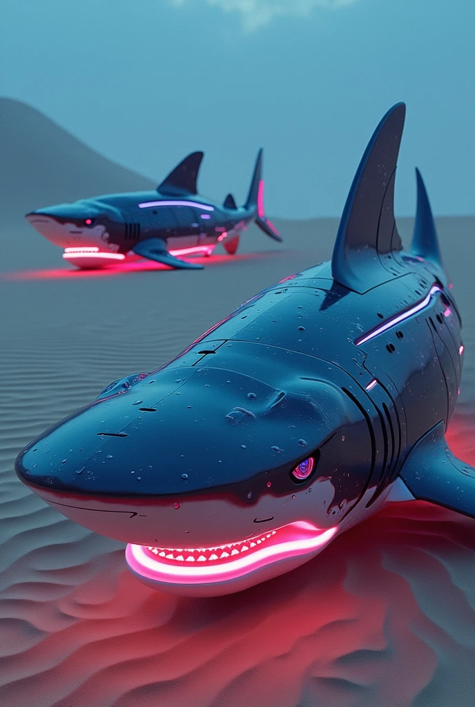 olia desert in whale sharks cyborg clothes with neon lights at noon

