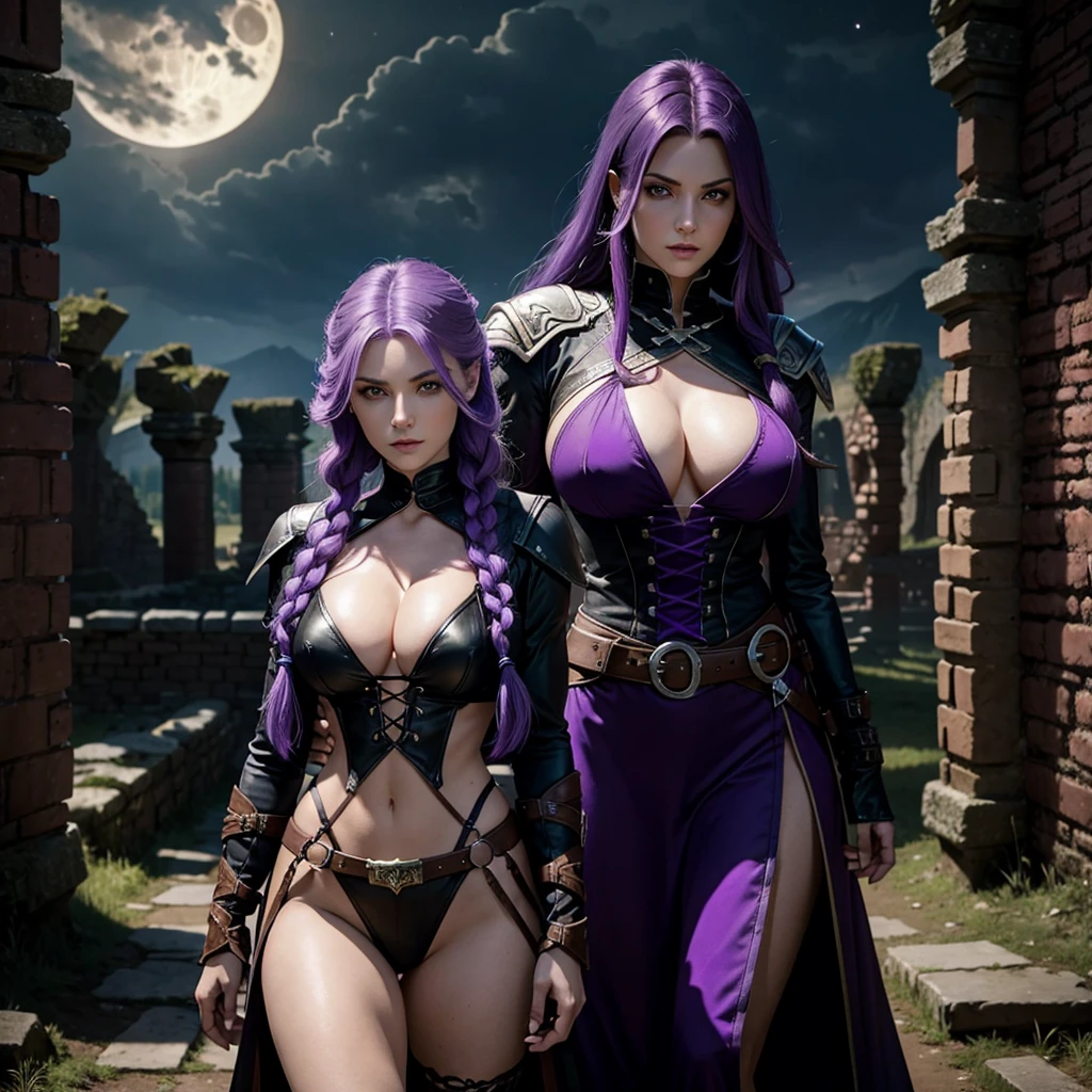 Beautiful caucasian woman. Fit body. Big round boobs. Just one woman. Alone. Western woman. Long hair with 1 braid. Purple hair. Bright purple eyes. Woman cosplaying as a vampire hunter from the Belmont family from the Castlevania games. She is standing in front of the ruins of a dark medieval castle during a full moon night. Dynamic light. Dynamic shadows. High resolution.