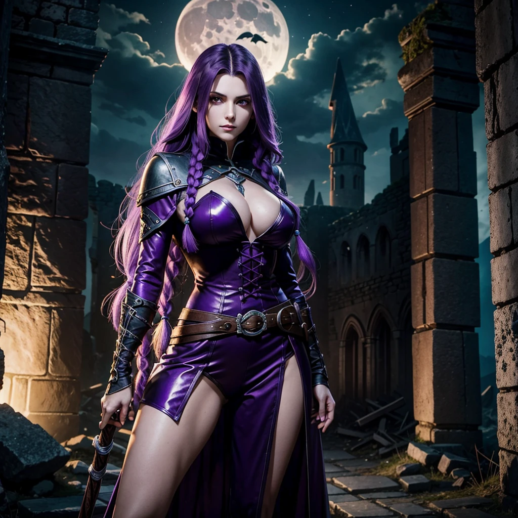 Beautiful caucasian woman. Fit body. Big round boobs. Just one woman. Alone. Western woman. Long hair with 1 braid. Purple hair. Bright purple eyes. Woman cosplaying as a vampire hunter from the Belmont family from the Castlevania games. She is standing in front of the ruins of a dark medieval castle during a full moon night. Dynamic light. Dynamic shadows. High resolution.