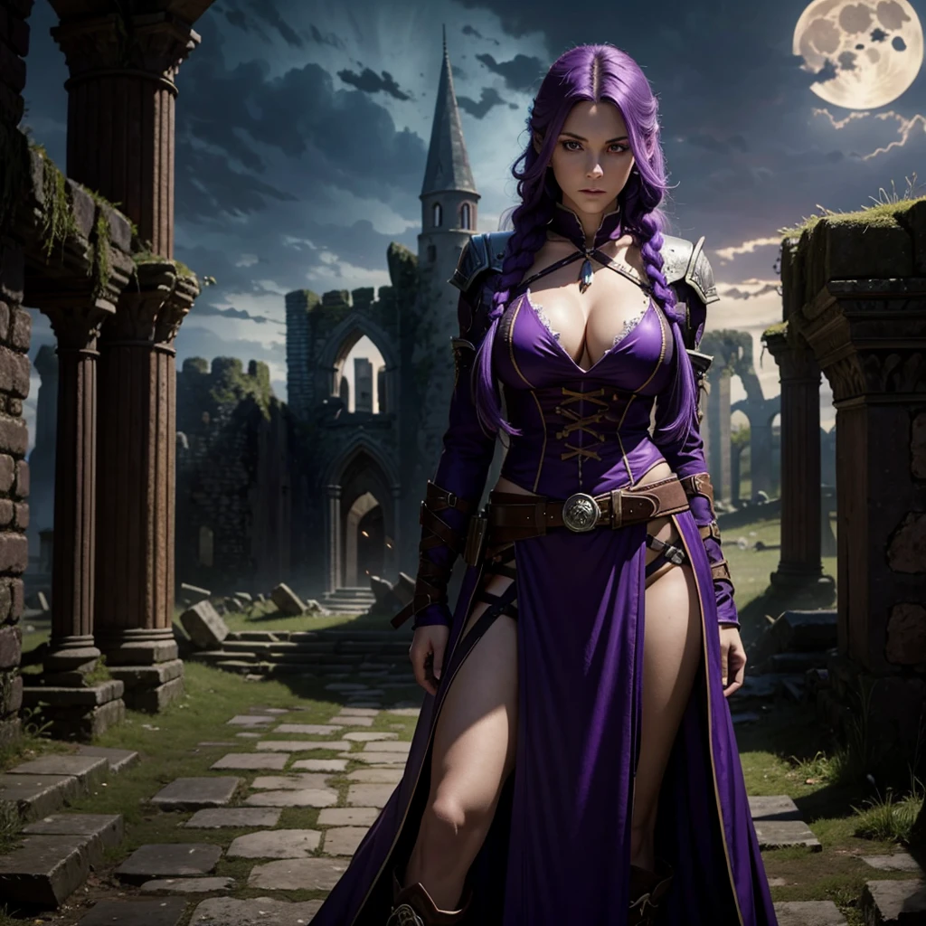 Beautiful caucasian woman. Fit body. Big round boobs. Just one woman. Alone. Western woman. Long hair with 1 braid. Purple hair. Bright purple eyes. Woman cosplaying as a vampire hunter from the Belmont family from the Castlevania games. She is standing in front of the ruins of a dark medieval castle during a full moon night. Dynamic light. Dynamic shadows. High resolution.