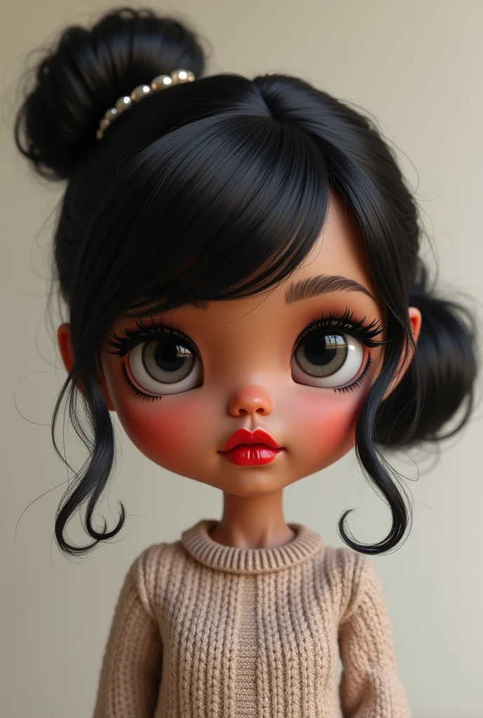 A Blythe doll of me, brown skin small eyes long lashes (not that long) long black hair full, styled on the left side, full lips chubby cheeks eyes with eyeliner lips drew with black lips pencil and red lipstick