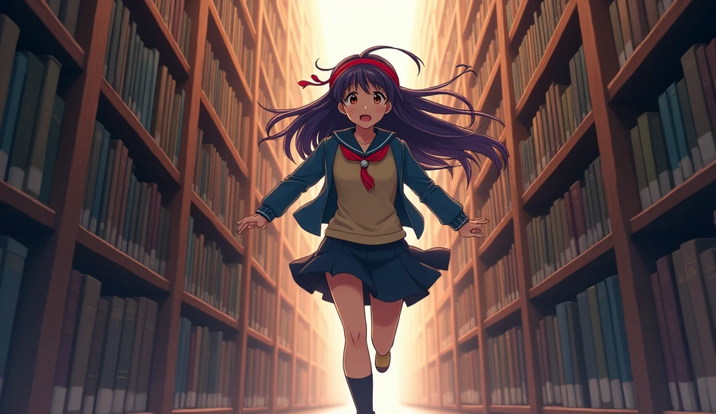 Girl ((A female student with long, dark purple hair that reaches the middle of her back. She always wears a red headband. She have a brown eyes color. She is wearing a long-sleeved shirt and a black skirt.)) runs through the narrow passageways between the bookshelves.