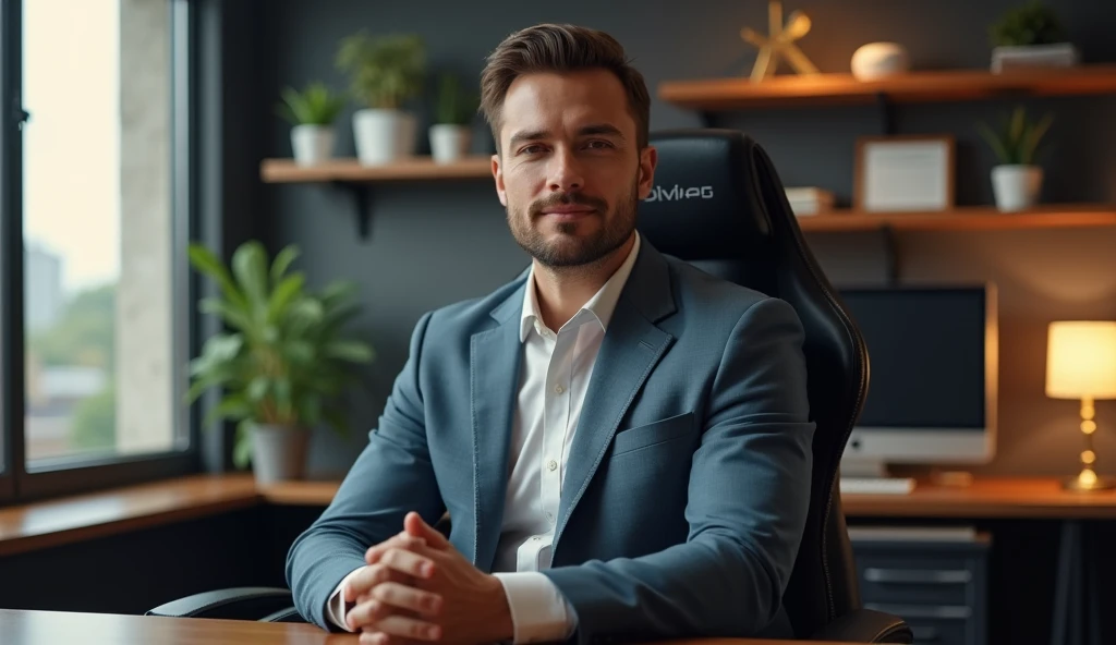 Add a sleek and modern office background to the image of a confident, attractive man seated in a high-back gaming chair. The background should feature elements like a stylish wooden desk, a computer monitor with a subtle glow, and shelves with minimalistic decor such as books, small potted plants, and a few tasteful office accessories. Include a soft, natural light coming from a window on the side to add warmth and depth to the scene, creating a professional yet relaxed ambiance that complements the subject's posture and attire.