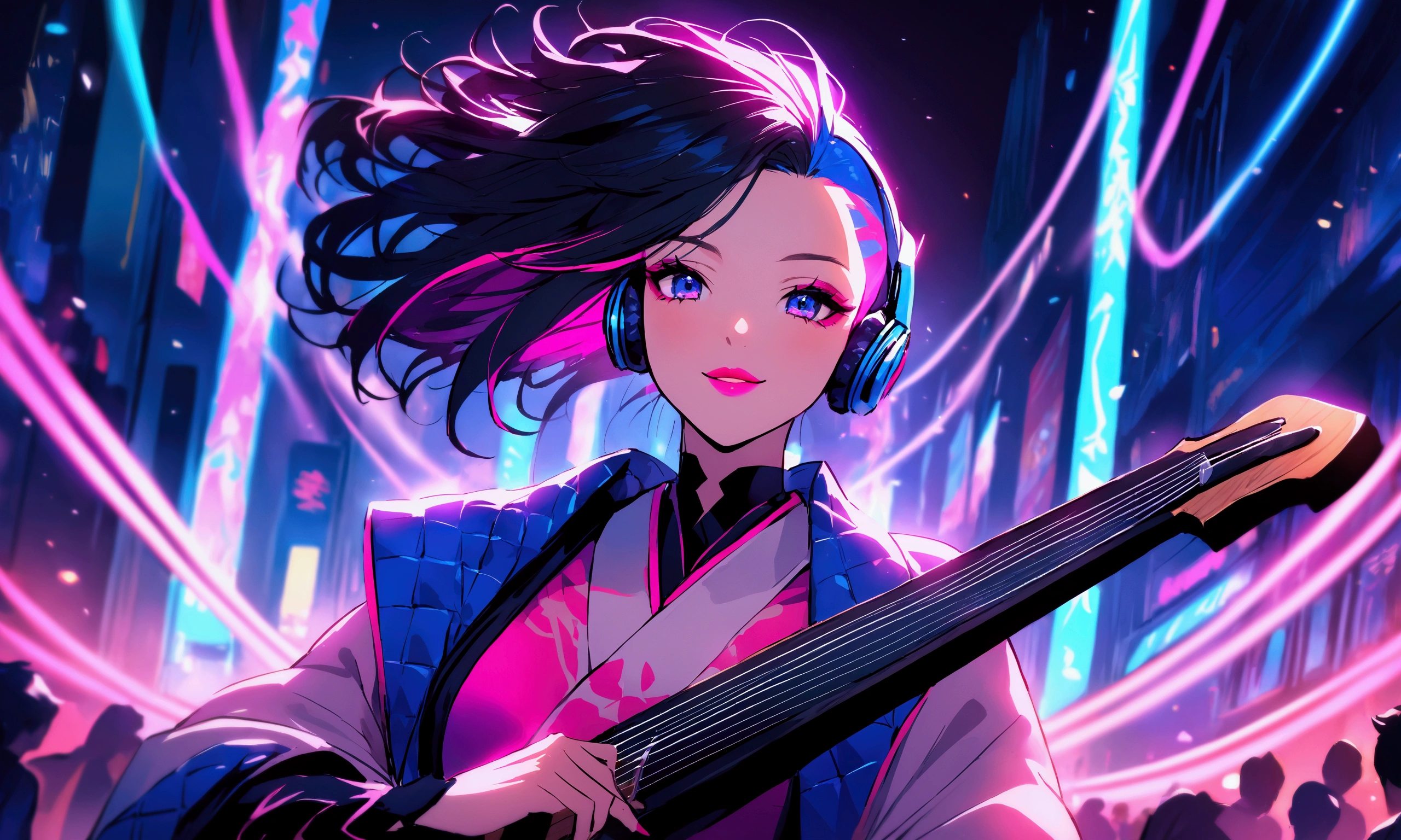 Close-up of a charismatic female samurai with makeup in bright pink and silver, creating a futuristic and vibrant appearance. Her hair is styled in an asymmetrical cut with a bold undercut, highlighted with neon pink streaks. She is immersed in playing a shamisen, wearing dazzling blue headphones. The background is a neon-lit street at night, filled with animated crowds and colorful lights, evoking a sense of excitement and movement.