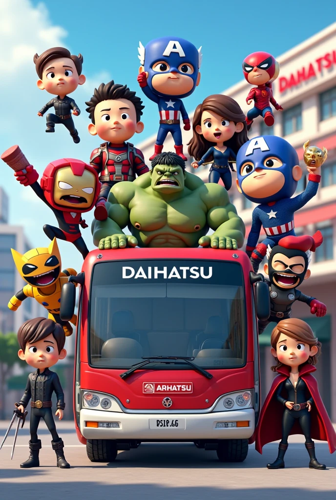 Create an image of the Avengers reimagined as a 3-dimensional cartoon. Include characters like Iron Man, Captain America, Thor, Hulk, Black Widow, spiderman, wolverine, deadpool and doctor strange. Design them with exaggerated anime-style features, every caharacter haves heads 4 times larger than normal in caricature-like and dynamic poses, and sleek, detailed armor or costumes. Place some of the characters, some of whom are in the bus, on top of the bus or flying, with the background of a building that says Daihatsu, the bus has red and white colors and there is Daihatsu written on it which emphasizes action and intensity. Each character must have a unique anime-style weapon or accessory that matches their personality and strength on a plain colored background