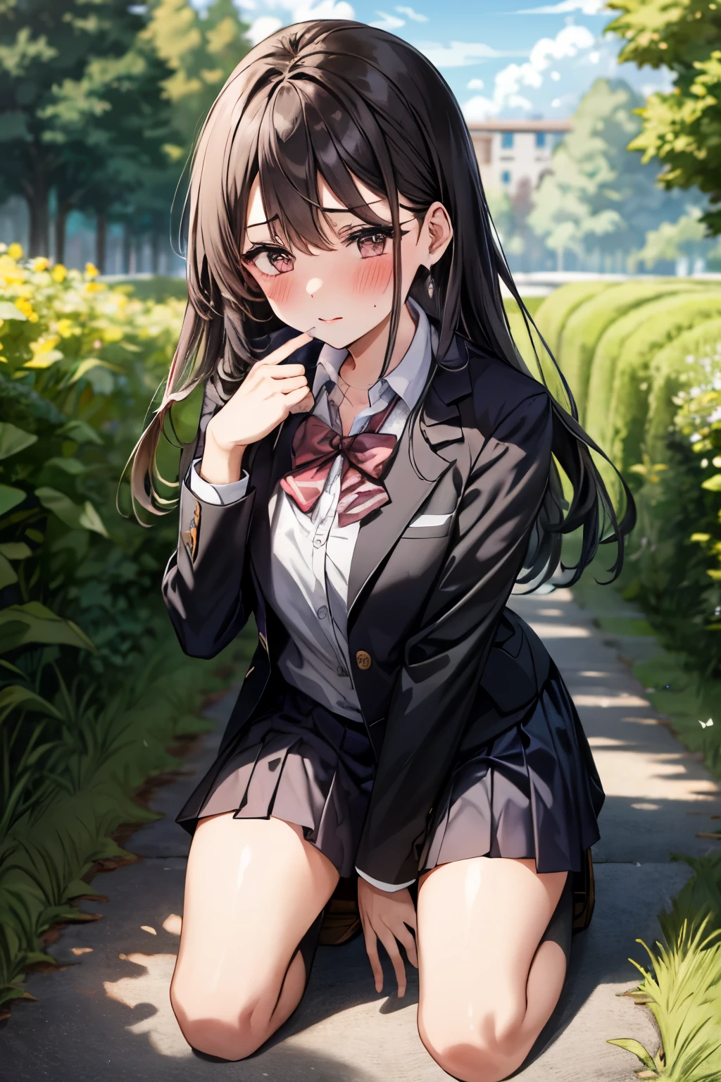 The girl is dressed in a school uniform, bowed down, blush, apologizes for something, trembles
