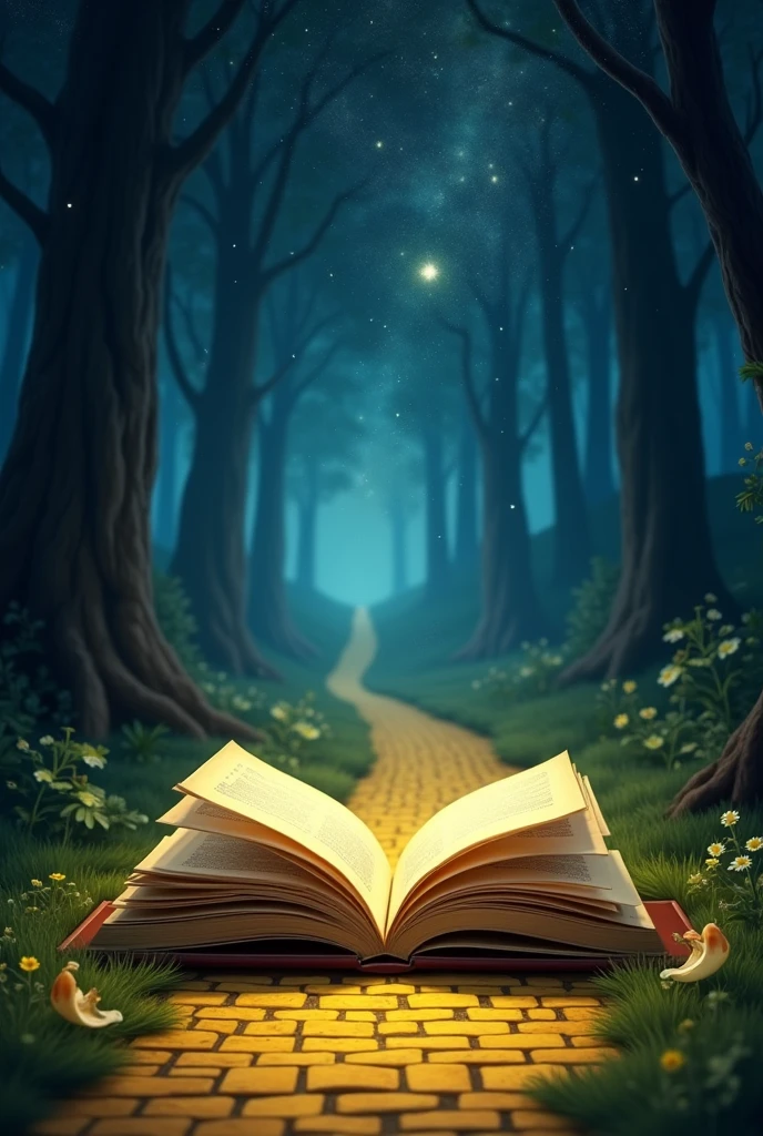an open book on a yellow brick road at night in oz