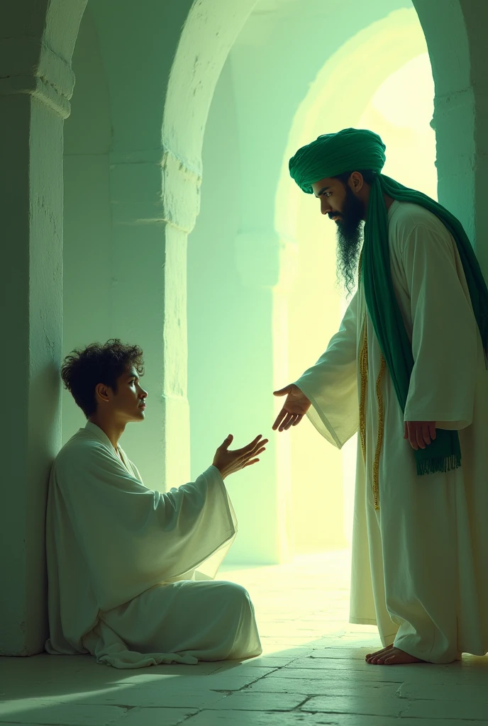 A young man in white dreamed that he was sitting and being invited by a handsome man with a beard, wearing a green and white turban and a green and white robe, into a bright room while holding out his hand. 