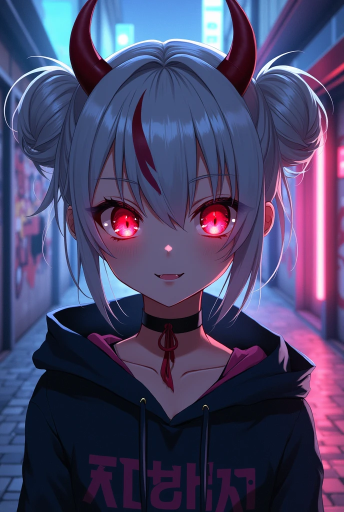 detailed background, masterpiece, best quality, smile, nakiri ayame, streaked hair, oni horns, white hair, twin buns, red eyes, smile, hoodie, portrait, neon, graffiti, dark, night, glowing eyes, blacklight