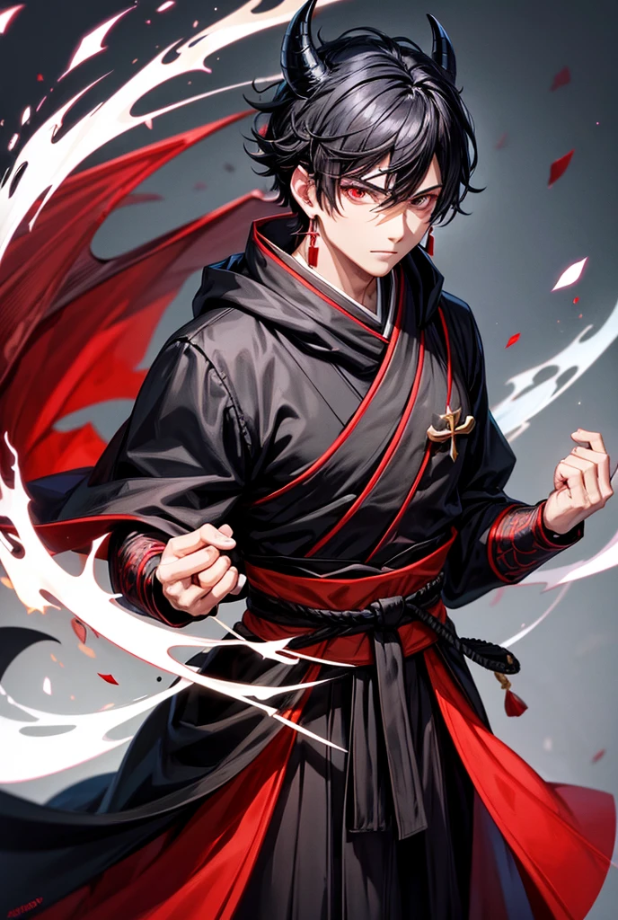 make a male character, black cowl, red dragon mask, cross shaped earring, black kimono and a red sash
