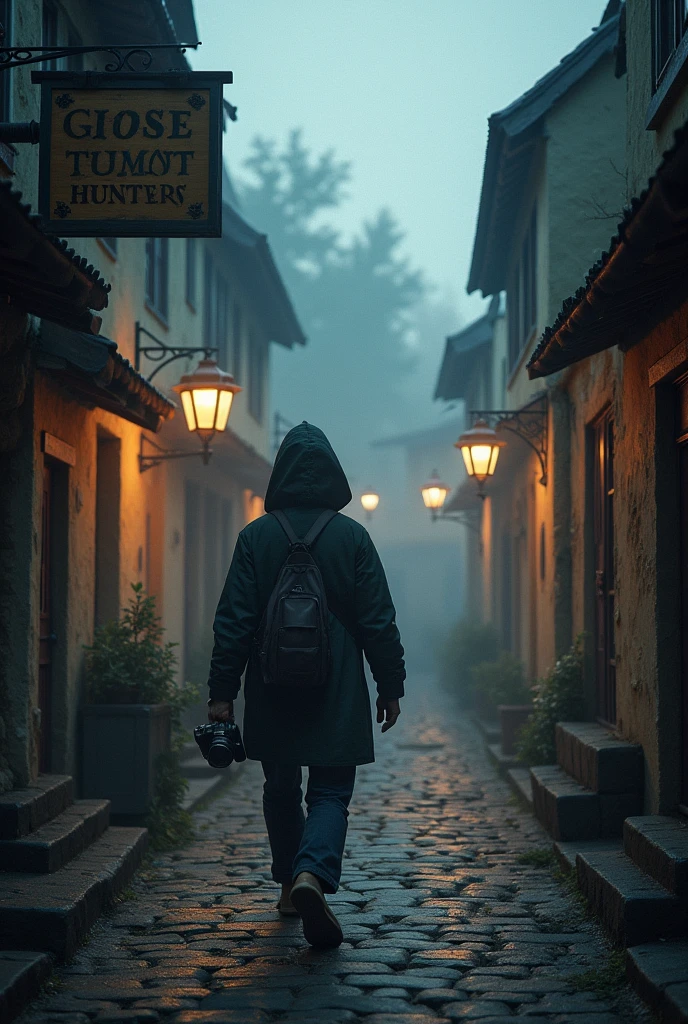 Ghost hunter with camera in village 