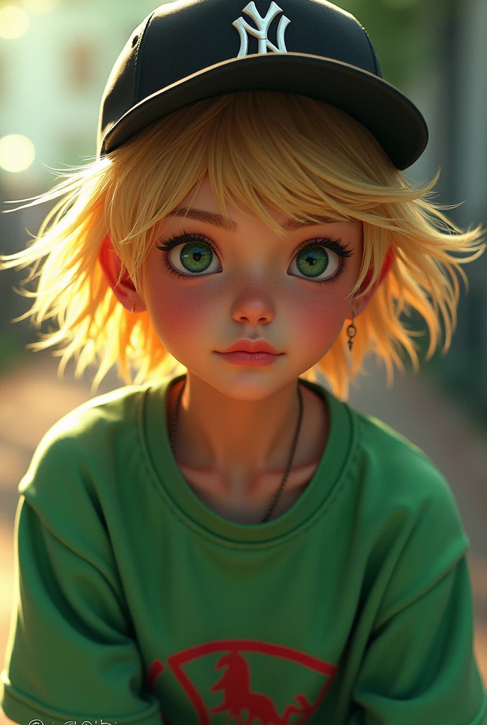 Create a blonde with a black cap and green shirt with red sneakers 