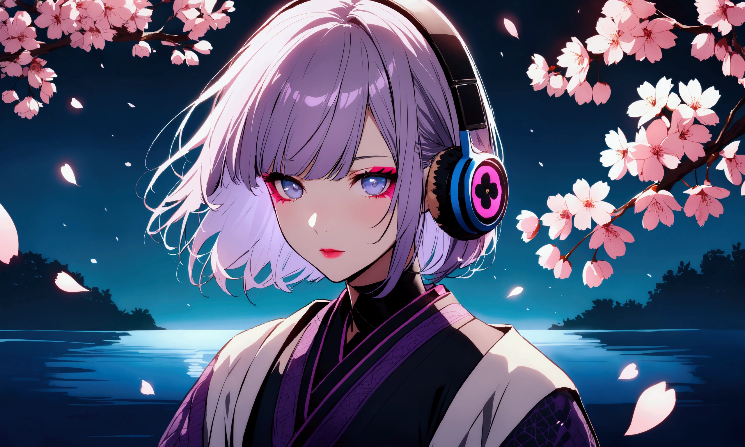 Portrait of a female samurai with bright, eye-catching makeup in shades of lavender and pink, giving her a peaceful and ethereal look. Her hair is styled in a sleek, modern bob, adorned with small cherry blossoms. She wears glowing blue headphones and gently plays a koto. The background features a serene river under a clear sky, with a soft, ambient glow that reflects the harmony of koto and ambient music.