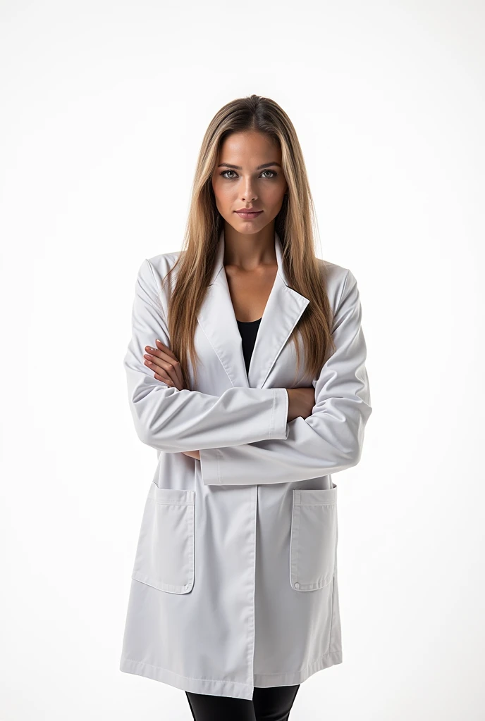 Woman in white coat, crossed arms, without hair, white background