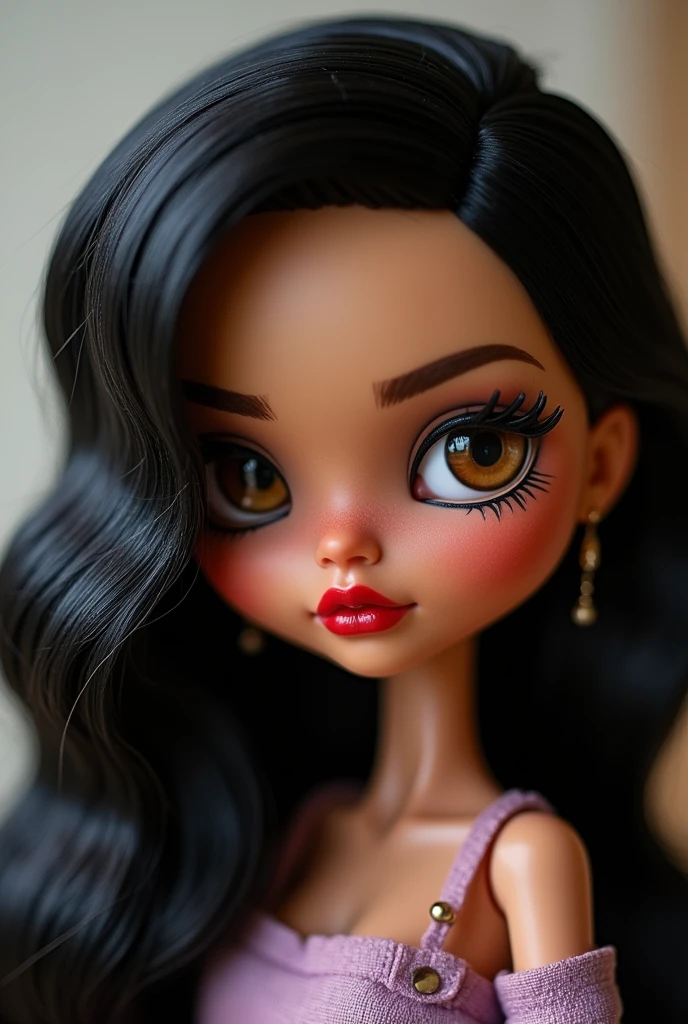 A Blythe doll of me, brown skin small eyes long lashes (not that long) long black hair full, styled on the left side, full lips chubby cheeks eyes with eyeliner lips drew with chocolate lips pencil and red lipstick